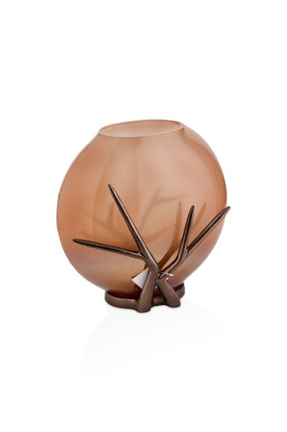 Gınger Antik Bronz Metal Detaylı Cam Vazo Büyük resmi